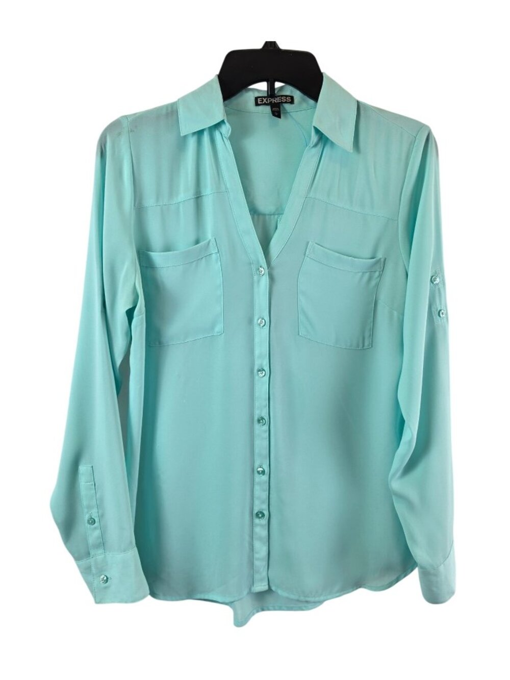 Express Portofino Shirt Womens S Seafoam Green Button Up Blouse Roll Tab Sleeves